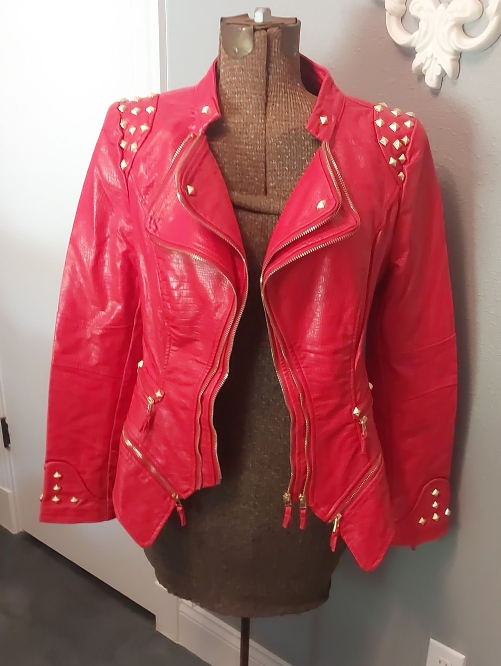 Studded Red Faux Leather Moto Jacket - Women's
